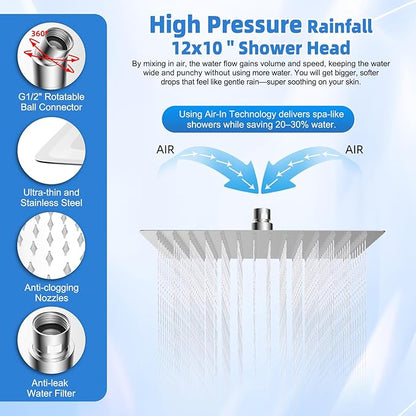 12” Metal Rain Shower Head with Handheld, 10-Mode with Filter, Easy Reach | Chrome, High-Pressure Rainfall Showerhead, Upgraded 4-Way Diverter Pause Mode, Adjustable 16" Extension Arm/71" Hose/Holder