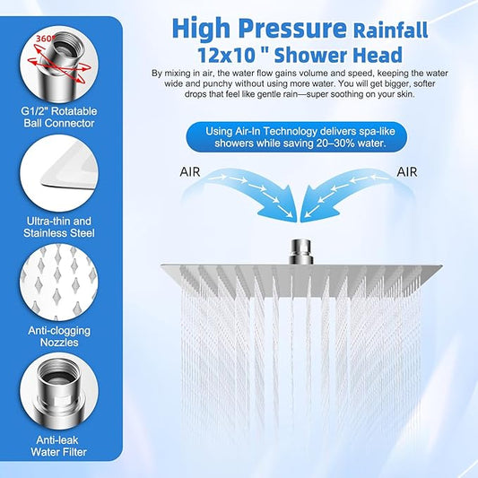 12” Metal Rain Shower Head with Handheld, 10-Mode with Filter, Easy Reach | Chrome, High-Pressure Rainfall Showerhead, Upgraded 4-Way Diverter Pause Mode, Adjustable 16" Extension Arm/71" Hose/Holder