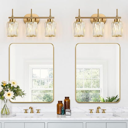 Modern Crystal Bathroom Vanity Light, 3-Light Brushed Gold Bathroom Light Fixtures with Clear Shades, Vanity Lighting Fixtures Over Mirror (Exclude Bulb)