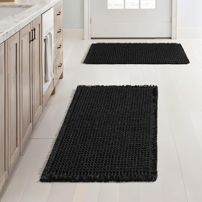 MIULEE Set of 2 Waffle Bathroom Rugs Boho Bath Mat Black 17x24 Inch | Non Slip, Super Absorbent, Washable, Ultra Soft, Rubber Backed, Small Bath Rugs for Bathroom Floor Tub Shower