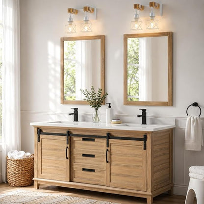 Farmhouse Vanity Light Fixture,2-Light Bathroom Lighting,White Modern Wood Wall Light Over Mirror with Metal Shade