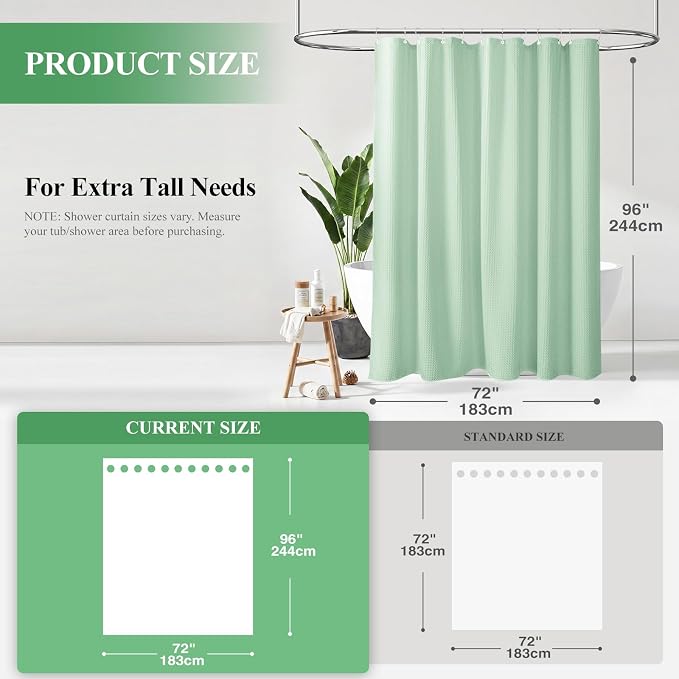 Extra Long Waffle Shower Curtain 256 GSM Fabric 72x96 Mint Green | 96 Inch Tall, Thick Cloth, Weighted Hem, Water Repellent, Hotel Luxury Polyester Shower Curtain Set for Bathroom 12 Hooks