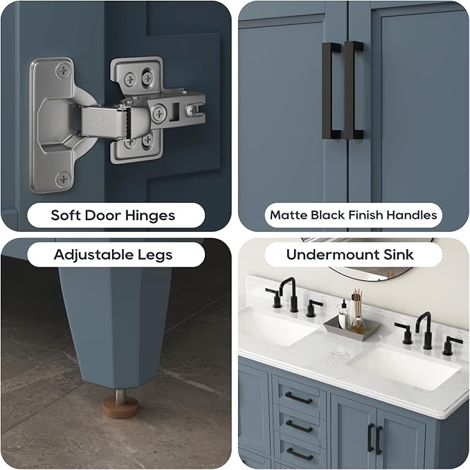 60 Inch Bathroom Vanity with Double Sink, Modern Solid Wooden Frame Bathroom Sink Cabinet with Soft Closing Doors & Dovetail Drawers, Quartz Countertop, Adjustable Feet, Steel Blue