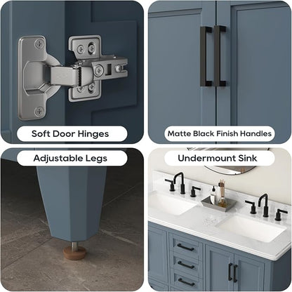 60 Inch Bathroom Vanity with Double Sink, Modern Solid Wooden Frame Bathroom Sink Cabinet with Soft Closing Doors & Dovetail Drawers, Quartz Countertop, Adjustable Feet, Steel Blue