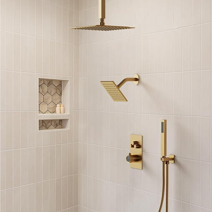 Ceiling Mount 12" High-Pressure Rainfall Shower Faucet, Dual Rainfall Shower Head System with Valve (Brushed Gold)