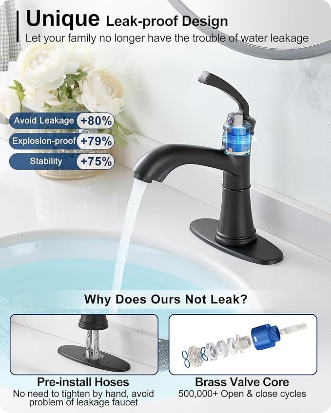 Brass Bathroom Faucets One Hole, Black Bathroom Sink Faucet 4 Inch Single Handle Bathroom Faucet 3 Hole, Vanity Faucet with Deck Plate & Pop-up Drain, No Splashing