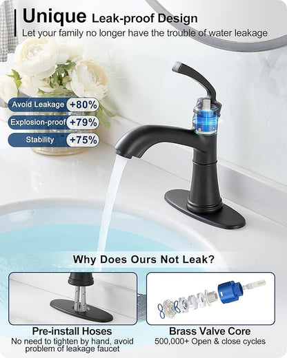 Brass Bathroom Faucets One Hole, Black Bathroom Sink Faucet 4 Inch Single Handle Bathroom Faucet 3 Hole, Vanity Faucet with Deck Plate & Pop-up Drain, No Splashing