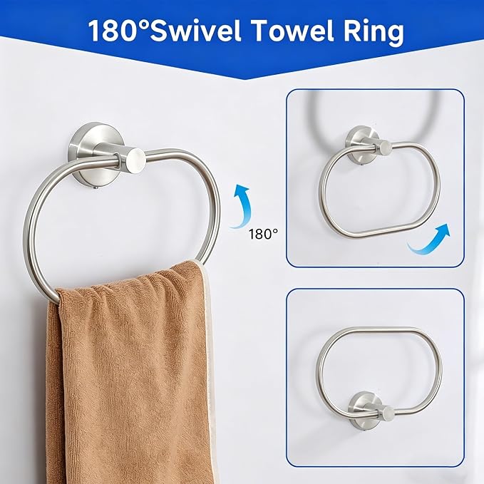 7-Piece Bathroom Hardware Accessories Set, SUS304 Towel Bar, Silver | 25.9-Inch Towel Rack, Oval Towel Ring, Toilet Paper Holder with Shelf & 4 Robe Towel Hooks, Wall-Mounted Towel Holder Set
