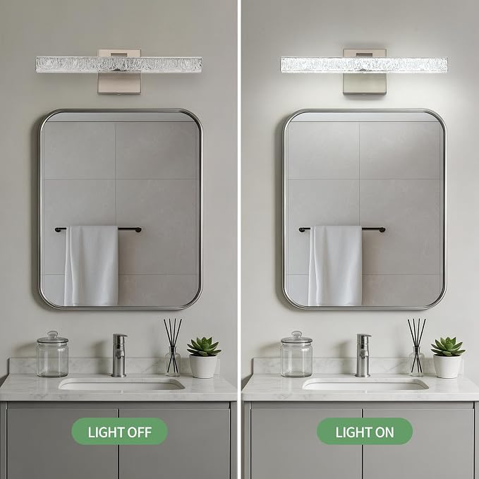 16 Inch Brushed Nickel LED Bathroom Vanity Light Fixtures, Iceberg Crushed Acrylic Modern Wall Sconce Lighting Over Mirror, 5500K Cool White Linear Vanity Lamp for Mirror Cabinet Powder Room