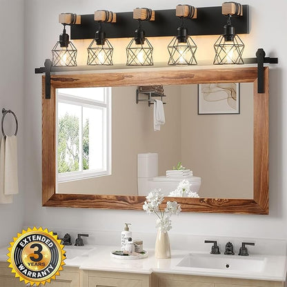 Farmhouse Vanity Light Fixture,5-Light Bathroom Lighting,Black Industrial Wood Wall Light Over Mirror with Metal Shade,LED Bulbs Not Included