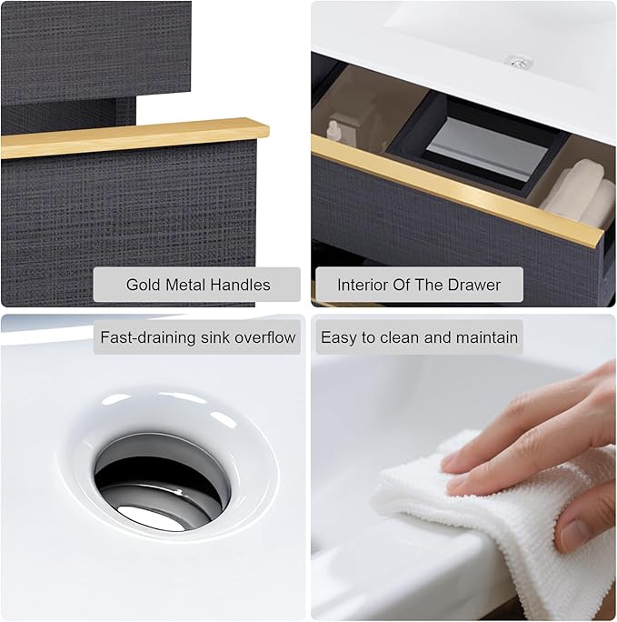 30 Inch Bathroom Vanity with Sink, Floating Vanity Bathroom, Modern Wall Mount Bathroom Cabinet, Double Drawers, Gold Handle, Suitable for All Kinds of bathrooms (Without Sink, 30")