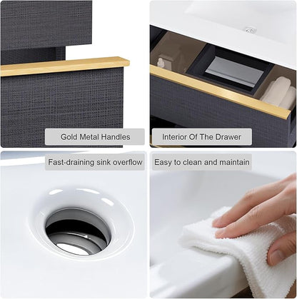 36 Inch Bathroom Vanity with Sink, Floating Vanity Bathroom, Modern Wall Mount Bathroom Cabinet, Double Drawers, Gold Handle, Suitable for All Kinds of bathrooms (with Sink, 36")