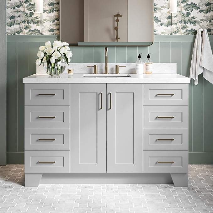 DKB Emilia 54" Grey Bathroom Vanity with Sink, 1.5" Edge Italian Carrara Marble Countertop, Rectangular Undermount Sink, 2 Soft-Closing Doors, 9 Dovetail Drawers, Brushed Nickel