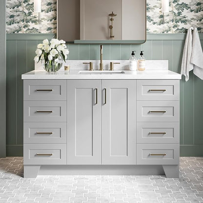 DKB Emilia 54" Grey Bathroom Vanity with Sink, 1.5" Edge Italian Carrara Marble Countertop, Rectangular Undermount Sink, 2 Soft-Closing Doors, 9 Dovetail Drawers, Brushed Nickel