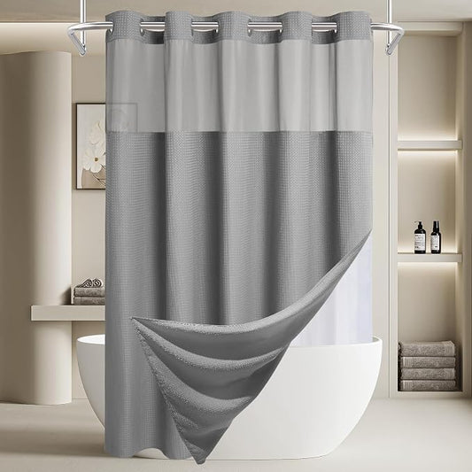 EUTXL Heavyweight No Hook Shower Curtain with Liner, Grey,71x92 | Snap in Liner, 256GSM Thick Waffle Fabric, Hotel Luxury Spa, Corner Magnets, Quick Dry, Waterproof & Washable, Extra Tall