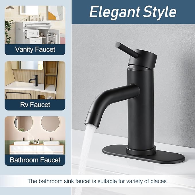 Black Bathroom Faucet Single Hole Bathroom Sink Faucet Vanity Single Handle Matte Black Modern RV Faucet 1 Hole or 3 Hole Deck Plate，Water Supply Lines