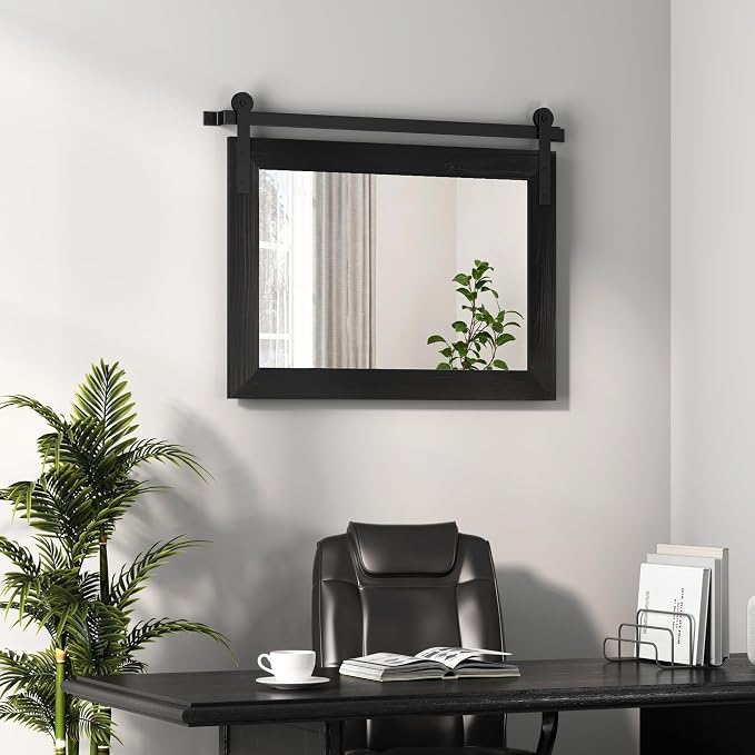 COGOOD Farmhouse Bathroom Mirrors for Over Sink - 22 x 30 Black | Rustic Barn Door Wood Framed Vanity Mirror for Entryway, Living Room, Bedroom, Dresser Wall Decor