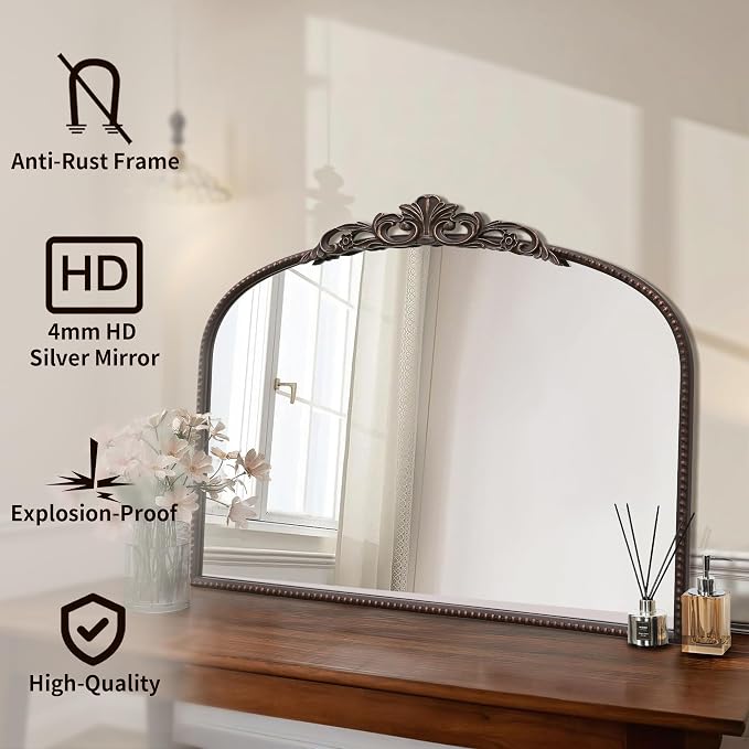 Micasso Vintage Bronze Arched Mirror: 32"x24" Baroque Antique Vanity Mirror | Traditional Ornate French Decorative Wall Mirror for Bedroom/Bathroom/Entryway/Hallway/Dresser/Mantel/Nightstand/Over Sink