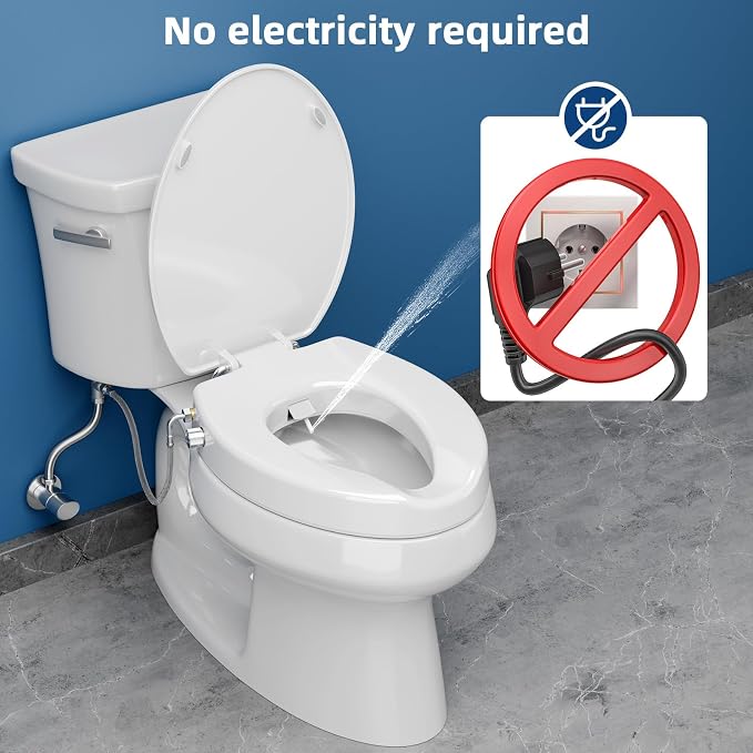 Elevated Bidet Toilet seat 3 inch, Elongated Toilet seat risers for Seniors, Non-Electric Bidet Mode with Dual Nozzles, Fit Elongated Toilet Seat, Adjustable Water Pressure with Brass inlet (18.5”)