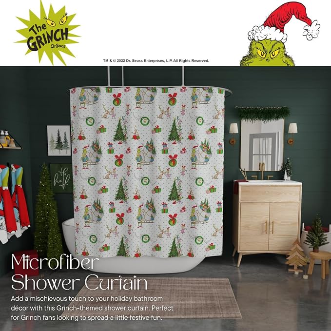 Grinch Wrapping Paper Holiday Christmas 13-Piece Shower Curtain Set, 72 x 72 Inch Fabric Curtain with Hooks, Bathroom Decor, Machine Washable, (100% Officially Licensed Product) by Franco Collectibles