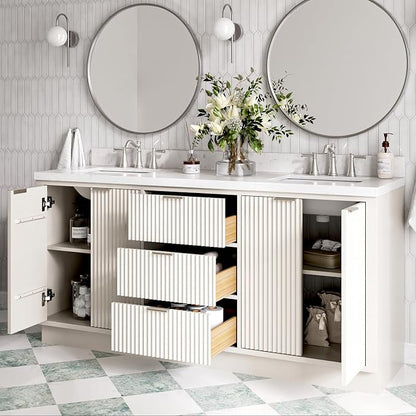 ARIEL Milan 72-inch Bathroom Vanity with Sink,Solid Wood, 1.5-inch Carrara White Quartz Countertop, Double Rectangular Porcelain Sink, 4 Soft Closing Doors, 3 Dovetail Drawers, Warm White