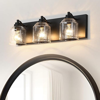 Vanity Lights for Bathroom Large 23", Farmhouse Rustic Vanity Light with Bubble Glass Shades, Black 3 Light Bathroom Lighting Fixtures Over Mirror, Bath Wall Sconce Home Decor