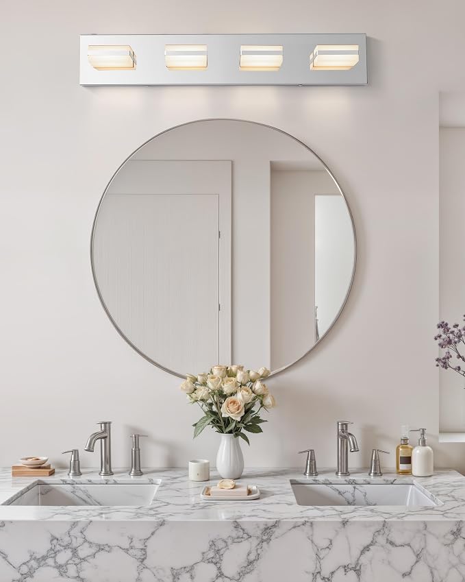 VONLUCE LED Modern Bathroom Vanity Light Fixture, Chrome | 26'', 4-Light, 3CCT, 360° Rotate, High CRI, Flicker-free, Dimmable, Memory Function, Waterproof IP44, Easy Installation