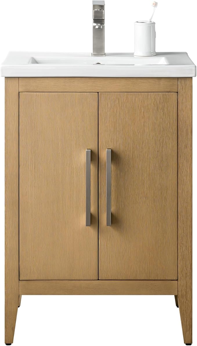 Vanity Art 24 inch Bathroom Vanity with Single Sink & Ceramic Top, Vanity Cabinet with Soft-Closing Doors, Solid Wood Frame, Natural Oak, VA9024-NO-BN1