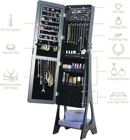 Standing Mirror Jewelry Cabinet Full Length Mirror Jewelry Armoire | JeJewelry Organizer Lockable Jewelry Storage for Women Girl Frameless LED Lights 6 Drawers Blac
