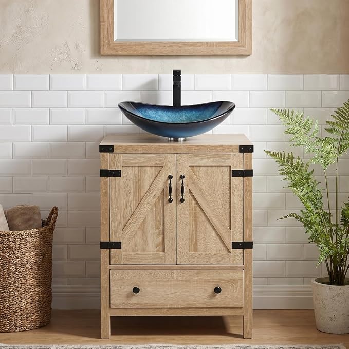 24 inch Natural Color Bathroom Vanity, Rustic Fixture Standing Pedestal Cabinet with Blue Boat Vessel Sink