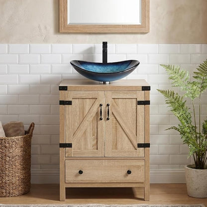 24 inch Natural Color Bathroom Vanity, Rustic Fixture Standing Pedestal Cabinet with Blue Boat Vessel Sink