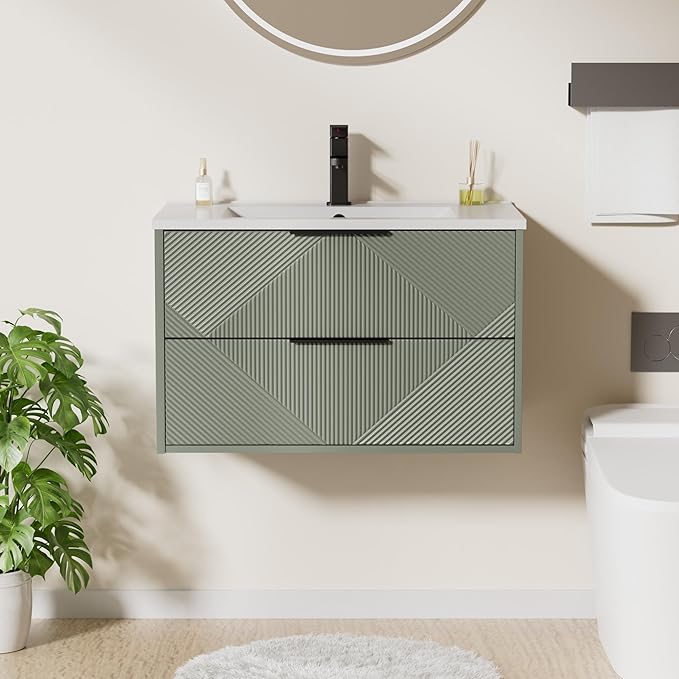 LUCKWIND 30" Floating Bathroom Vanity with Sink Combo, Wall Mounted Floating Cabinet with 2 Large Soft-Close Drawers & Water Saving Faucet, Geometric Textured Design in Green