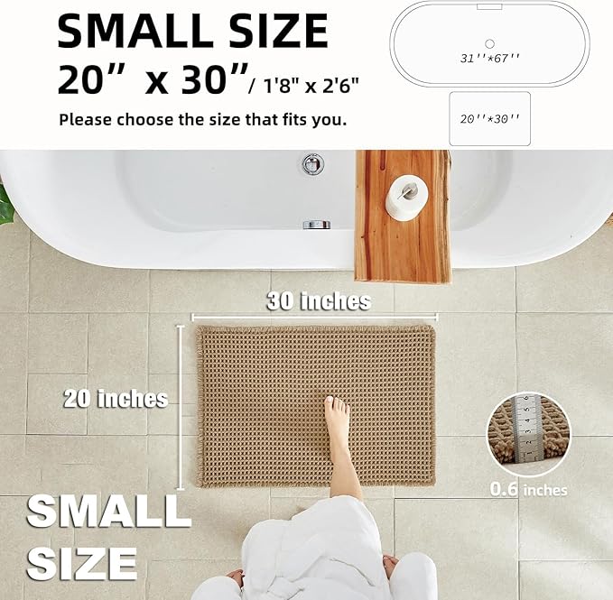 TYUU Waffle Bath Mat, Boho Bathroom Rugs Non Slip Washable Super Absorbent Quick Dry Farmhouse Bathroom Decor, 30"x20" Khaki | Super Absorbent Quick Dry Bath Rug, Non-Slip Backing, Soft Waffle Boho Farmhouse Bathroom Mats, Tub, Shower & Home Decor