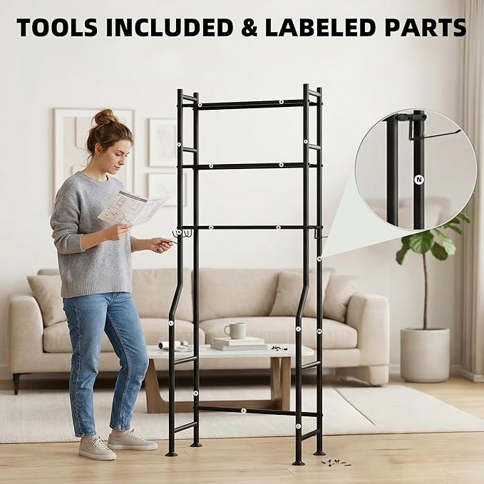 3-Tier Over Toilet Storage with Anti-Tilt Safety System - 150lb Total Capacity Metal Bathroom Shelves Including Paper Holder & 4 Hooks, Space Saving Above Commode Organizer (64" H, Black)