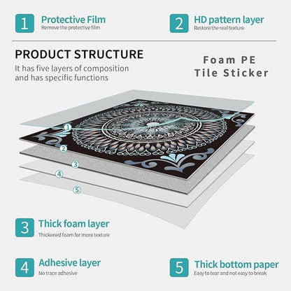 6X6 in Mandala Tile Stickers,12Pcs Wall Tile Decals | 1.6mm-Thick Foam+PE Tiles,Self Adhesive Backsplash Tile,Waterproof Removable Wall Decor for Kitchen,Bathroom