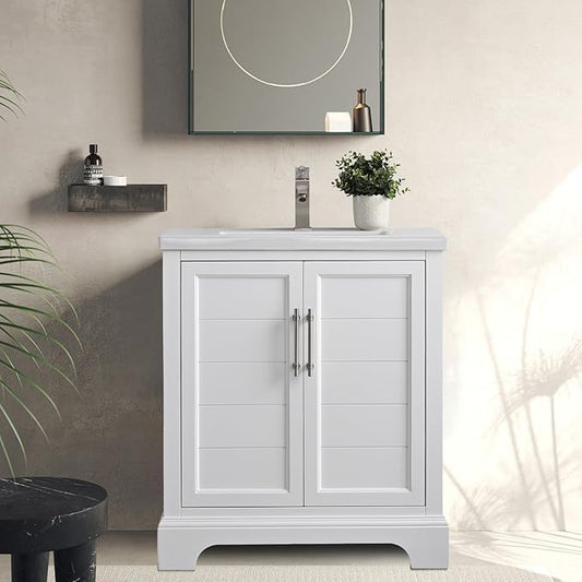 HOMEBEYOND 30 Inch Bathroom Vanity with Single Sink & Ceramic Top, Vanity Cabinet with Center Countertop Basin, Soft-Closing Doors,White