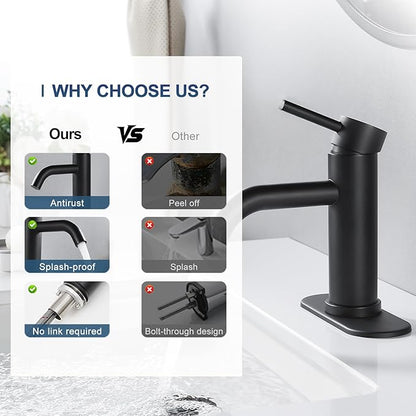 Black Bathroom Faucets, Single Hole Bathroom Sink Faucet Modern Single Handle Mixer Tap Washbasin Vanity Sink Faucet 1 Hole with 3 Hole Deck Plate, Pop Up Drain