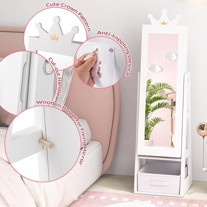 CHARMAID Kids Jewelry Cabinet - 45.5'' Standing Jewelry Armoire with Full Length Mirror, Storage Drawer and Back Shelf, Kids Jewelry Organizer Box Vanity Dressing Mirror for Girls (White)