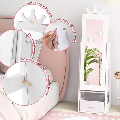 CHARMAID Kids Jewelry Cabinet - 45.5'' Standing Jewelry Armoire with Full Length Mirror, Storage Drawer and Back Shelf, Kids Jewelry Organizer Box Vanity Dressing Mirror for Girls (White)
