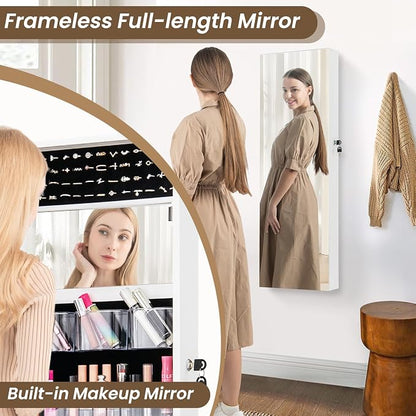 CHARMAID Jewelry Cabinet Wall or Door Mounted, Hanging Lockable Jewelry Armoire Storage with Full Length Mirror, Interior Makeup Mirror, Over the Door Jewelry Organizer Box with Mirror (White)