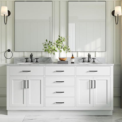 ARIEL Hepburn 72-inch Bathroom Vanity with Sink,Solid Wood, 0.75-inch Italian Carrara Marble Countertop & Backsplash, Double Oval Porcelain Sink, 4 Soft Closing Doors, 6 Dovetail Drawers, White