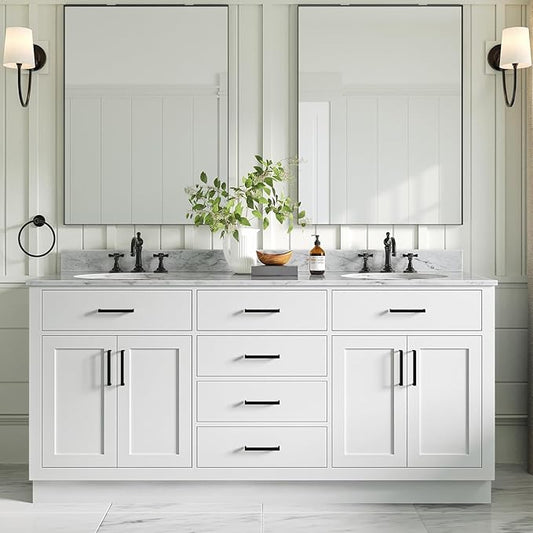 ARIEL Hepburn 72-inch Bathroom Vanity with Sink,Solid Wood, 0.75-inch Italian Carrara Marble Countertop & Backsplash, Double Oval Porcelain Sink, 4 Soft Closing Doors, 6 Dovetail Drawers, White