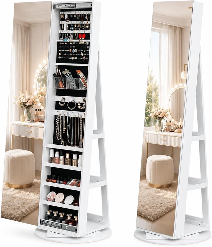 Bonnlo 360° Swivel Jewelry Cabinet with Sliding Door, Standing Jewelry Organizer Box with Full-Length Mirror, Rotating Jewelry Armoire with Large Storage Capacity, Rear Shelves for Bedroom