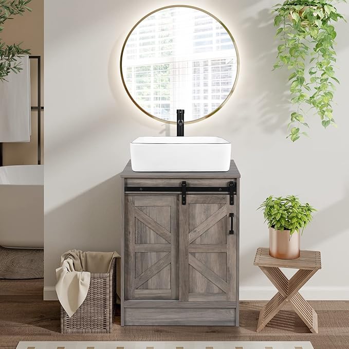24" Farmhouse Bathroom Vanity with Sink, Bathroom Storage Cabinet with Sliding Barn Doors & Metal Handle, Freestanding Vanity Without Sink