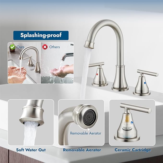 Widespread Bathroom Faucet 3 Hole, 8 inch Bathroom Sink Faucet with Pop-up Drain and Supply Lines, Two Handles, Stainless Steel, Brushed Nickel