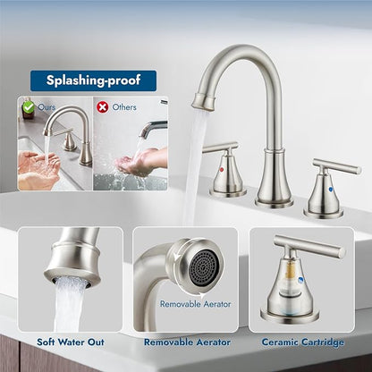 Widespread Bathroom Faucet 3 Hole, 8 inch Bathroom Sink Faucet with Pop-up Drain and Supply Lines, Two Handles, Stainless Steel, Brushed Nickel