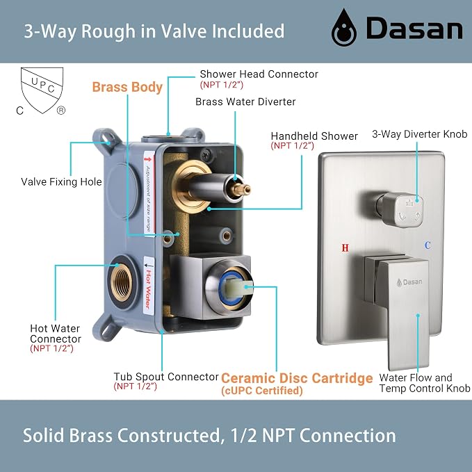 DASAN Tub Shower Faucets Sets Complete Brushed Nickel Bathtub Shower System with Tub Spout, Bathtub Faucet Set Tub and Shower Faucet Combo Trim Kit with Rough-in Valve, DA-SS03BN-S10W