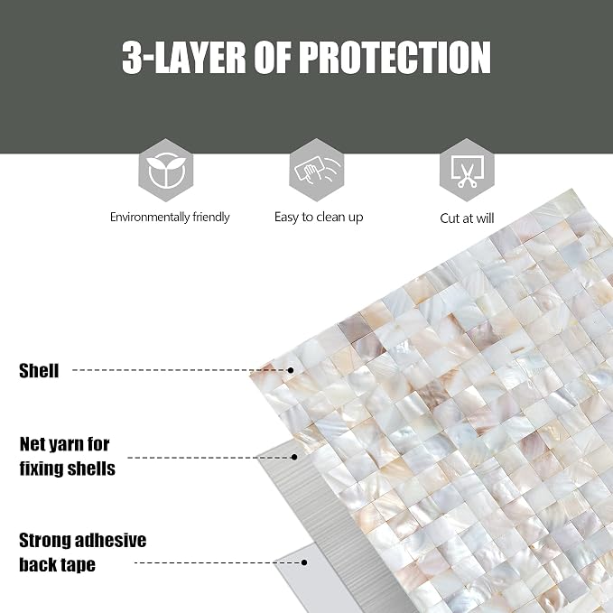 KASARO Peel Stick Mother of Pearl Shell Backsplash Tiles, 10 Sheets Natural | Waterproof self-adhesive mosaic tiles with 10 sq ft coverage for kitchen backsplash, bathroom walls and easy DIY installation
