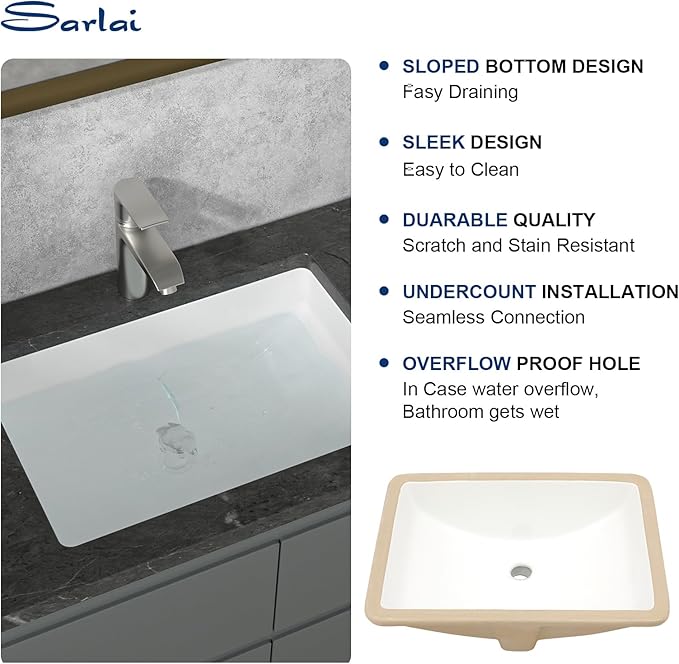 Sarlai Undermount Bathroom Sink - 20.5 x 14.5 inch Rectangular White Ceramic Vessel Sink with Overflow, Modern Vanity Art Basin, Interior Bowl Size 18.3" x 12.3"