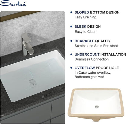 Sarlai Undermount Bathroom Sink - 20.5 x 14.5 inch Rectangular White Ceramic Vessel Sink with Overflow, Modern Vanity Art Basin, Interior Bowl Size 18.3" x 12.3"